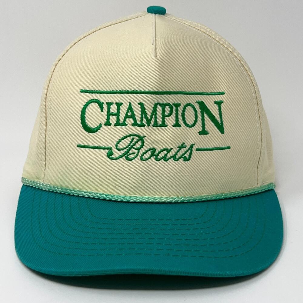 Vintage 90s Champion Boats Hat Baseball Cap Fisherman Fishing Snapback Beige